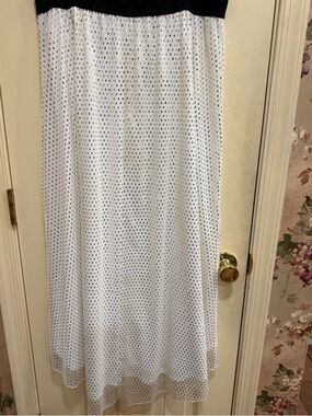 LuLaRoe White Maxi Skirt with Black Waistband and Small Black Dot Print
